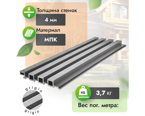 Фасадная панель реечная из МПК Woodgrand 200 х 30 х 3000 мм. Серый
