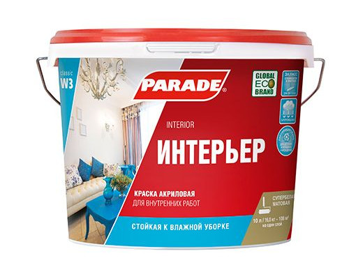 Краска акриловая для стен и потолков матовая PARADE W3 Интерьер белая 5л. Россия