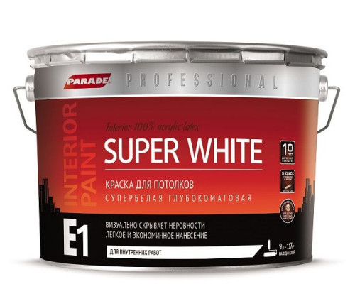 Краска для потолков глубокоматовая PARADE  SUPER WHITE E1 супер белая 0,9л. Россия