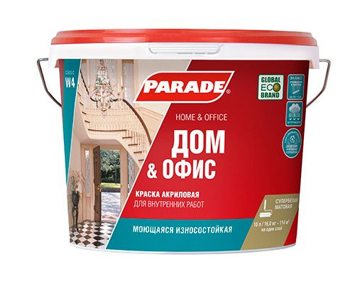 Краска для стен и потолков акриловая PARADE W4 Дом & Офис матовая 9л. Россия