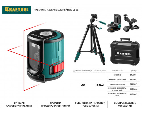 Нивелир лазерный линейный CL 20, сверхъяркий, KRAFTOOL 34700-2, держатель, 20м, IP54, точн. 0,2 мм/м