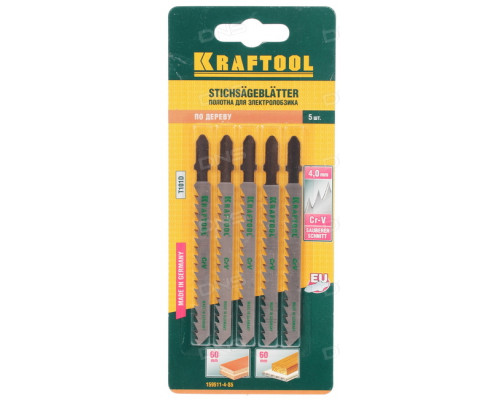 Полотна KRAFTOOL, T101D, для эл/лобзика, Cr-V, по дереву, ДСП, ДВП, чистый рез, EU-хвост., шаг 4мм, 75мм, 5шт