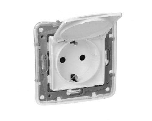 Розетка белая Legrand Etika с заземлением, автоматические клеммы, IP44