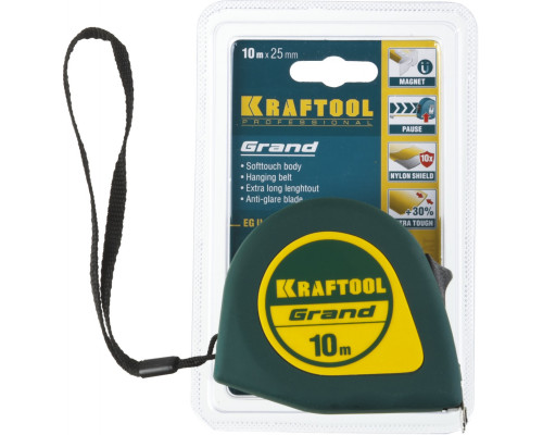 Рулетка KRAFTOOL GRAND, обрезиненный пластиковый корпус, 10м. х 25 мм.