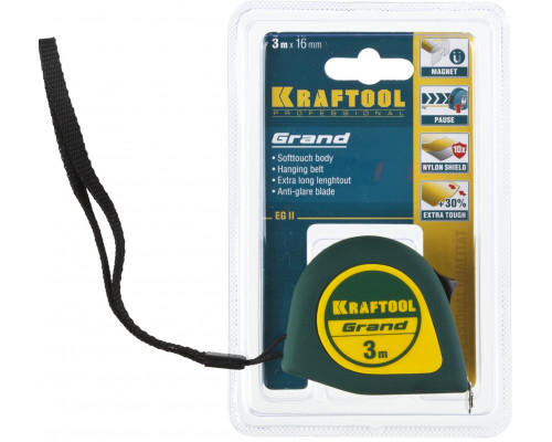 Рулетка KRAFTOOL GRAND, обрезиненный пластиковый корпус, 3м х 16мм