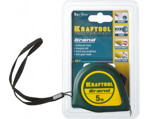 Рулетка KRAFTOOL GRAND, обрезиненный пластиковый корпус, 5м. х 19мм.