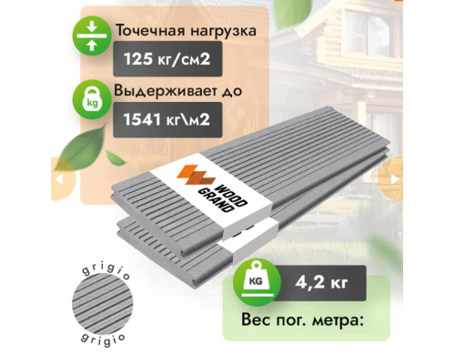 Террасная доска ДПК полнотелая WOODGRAND 140 х 20 мм. Grigio