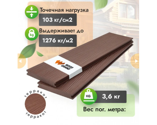 Террасная доска МПК полнотелая с тиснением WOODGRAND 140 х 20 мм. Терракот