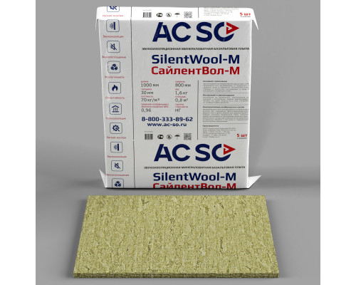 Звукоизоляционная базальтовая плита ACSO SilentWool-M 1000 х 800 х 30 мм. (4м2 / 0,12м3) 5 плит